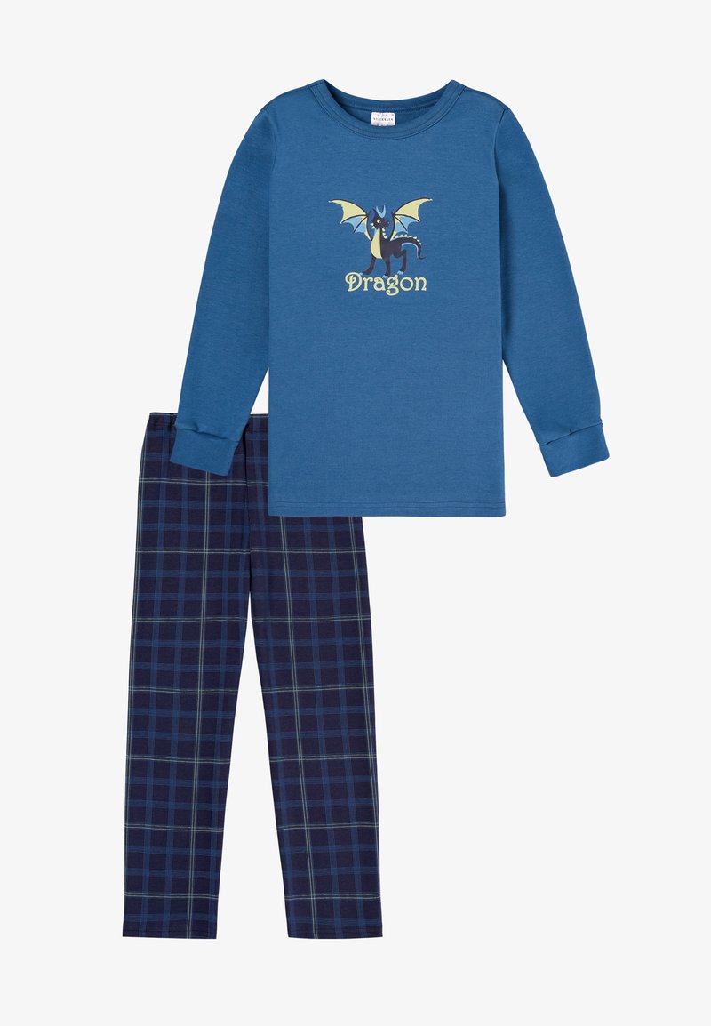 Blue long-sleeve top featuring a dragon graphic and text, paired with navy plaid pajama pants with light green accents.