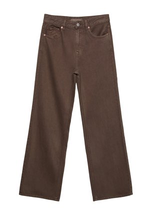 Brązowe dżinsy o szerokich nogawkach wykonane z denimu, z dwoma przednimi kieszeniami, jedną tylną kieszenią oraz zapięciem na metalowy guzik.