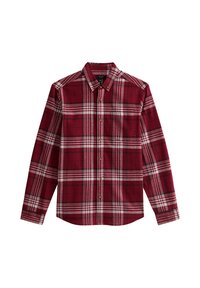Camisa de cuadros roja de botones con mangas largas y cuello, que presenta un patrón de cuadros clásico en líneas blancas y negras.