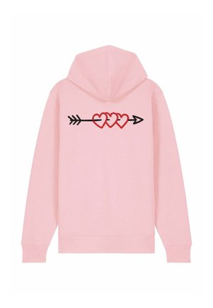 Felpa rosa con design sul retro di tre cuori rosse su una freccia nera. Tessuto morbido, cappuccio regolabile e maniche lunghe.