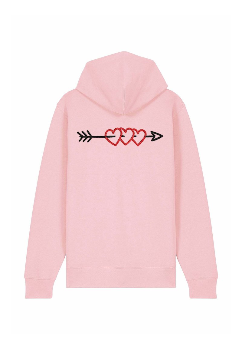Felpa rosa con design sul retro di tre cuori rosse su una freccia nera. Tessuto morbido, cappuccio regolabile e maniche lunghe.