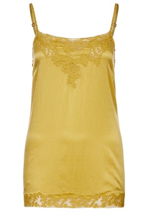 Camisole in satin giallo con rifinitura in pizzo sullo scollo e sull'orlo, dotata di spalline regolabili e una texture liscia e lucida.