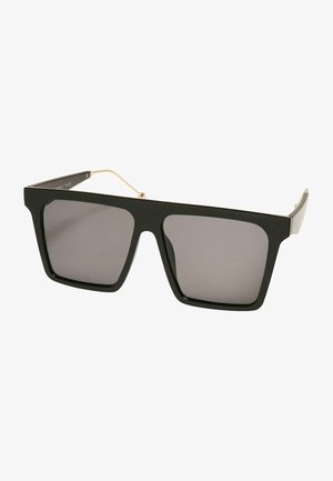 Zwarte oversized zonnebril met rechthoekige lenzen, grijs getint, met een matte afwerking, gouden metalen accenten en een unieke vorm.