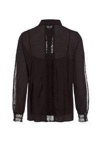 Black sheer blouse with long sleeves, collar, and a central lace detail. Features textured lace trim on sleeves and back. Adjustable cuffs.
