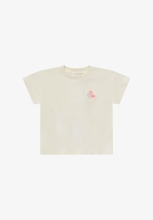 T-shirt en coton beige clair à manches courtes, col rond, avec un petit graphisme coloré sur la poitrine représentant un motif de fruits et du texte.