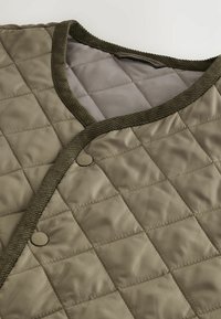 Quilted jacket in muted olive green with a ribbed dark green trim and button closure. The fabric has a smooth, shiny texture.