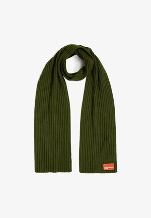 Dark green ribbed knit scarf with a looped center and a small orange rectangular label at the bottom right corner.