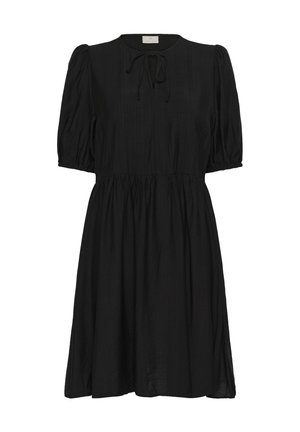 Sort kjole lavet af letvægtsstof med puffede korte ærmer, rund halsudskæring og snoretræk foran. Flared A-linjeform.