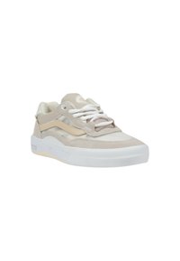 Sneaker beige chiaro con tomaia in tessuto testurizzato, lacci bianchi e suola in gomma. Presenta una striscia laterale beige e elementi di design minimalisti.
