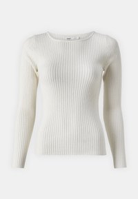 Beżowy sweter z długim rękawem, wykonany z prążkowanego dzianego materiału. Okrągły dekolt i dopasowany krój z teksturowanym wykończeniem. Prosty, uniwersalny design.