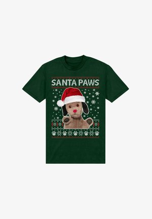 T-shirt en coton vert avec un graphique d'un chien en peluche portant un bonnet de Santa, le texte « SANTA PAWS », des flocons de neige et des empreintes de pattes dans des couleurs festives.