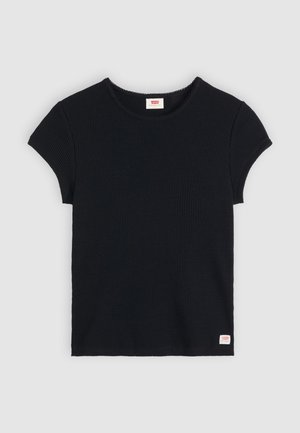 Cămașă T-shirt scurtă, cu mânecă scurtă, neagră, cu guler rotund și un etichetă mică în partea stângă jos. Material din bumbac, suprafață texturată.