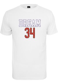 Bílý bavlněný tričko s krátkým rukávem s potiskem "DREAM" v purpurové barvě a "34" v červené na přední straně. Jednoduchý design s kulatým výstřihem.