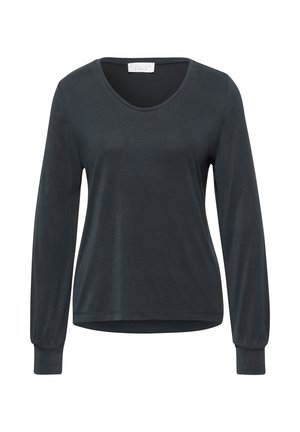 Mørkegrå langærmet skjorte med rund halsudskæring, glat tekstur og tætsiddende manchetter. Casual stil med afslappet pasform og uden synlige mønstre.