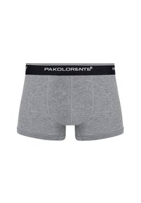 Szare boxerki wykonane z miękkiego materiału, z czarnym pasem w talii z nazwą marki "PAKOLARENTE" w białym kolorze, o gładkiej strukturze.