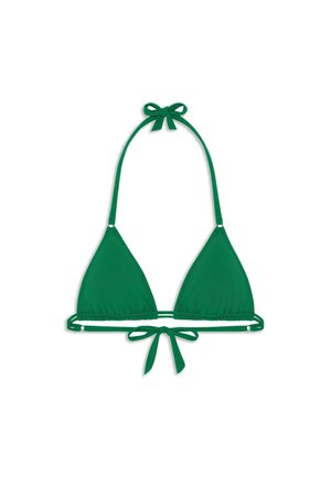 Haut de bikini triangle vert avec col licou et liens dans le dos sur fond blanc.