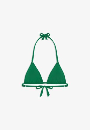 Zelený trojuholníkový bikini vrchný diel so zaväzovaním za krkom a na chrbte na bielom pozadí.