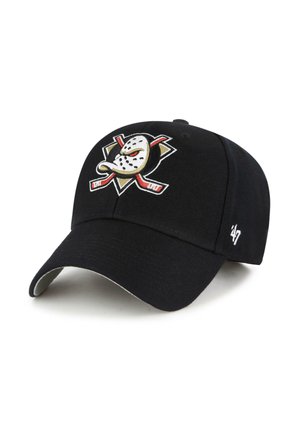 Black baseball cap made of fabric with a curved brim. Features an embroidered logo with a goalie mask and hockey sticks. White accents detail the logo.