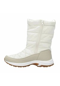 Hvid quiltet vinterstøvle med en beige gummisål, der har en sidelukning og et tekstureret mønster på skaftet til isolering.
