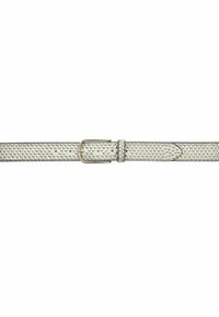 Leather belt in light gray with a textured surface and small raised dots; features a metallic gold buckle and matching prong for fastening.