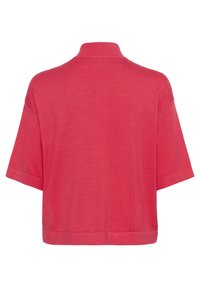 Short-sleeve, coral knit top with a high neckline and boxy shape, featuring a smooth texture and simple hemline.