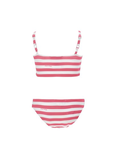 Gestreifter Zweiteiler-Badeanzug mit pink und weißen horizontalen Streifen. Der Oberteil hat verstellbare Träger, während das Unterteil in klassischem Bikinischnitt gehalten ist.
