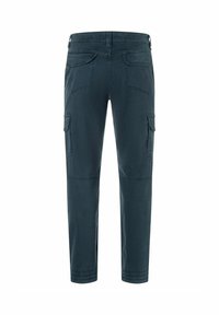 Dark teal cargo pants featuring a straight leg, multiple pockets, and visible stitching details. Made from durable fabric with a smooth texture.