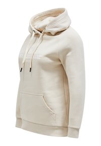 Beige hoodie lavet af blødt materiale, med kengurulomme, snor til hætten og diskret præget logo detalje på forsiden.