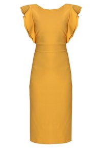 Gul figurnära klänning med fjärilssläppar, rund halsringning, knä-lång fåll och mjukt, stretchigt tyg. Enkel design med framträdande detaljer.