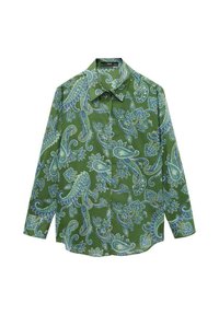 Zelená dlouhá košile s dlouhým rukávem, zdobená modrým paisley vzorem, vyrobená z lehkého materiálu s klasickým límcem a zapínáním na knoflíky.