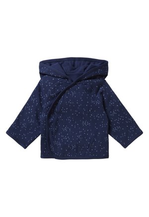 Veste bébé bleu marine avec capuche, manches longues, boutons-pression et petit motif abstrait bleu clair partout.