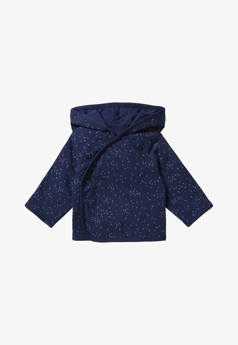 Veste bébé bleu marine avec capuche, manches longues, boutons-pression et petit motif abstrait bleu clair partout.