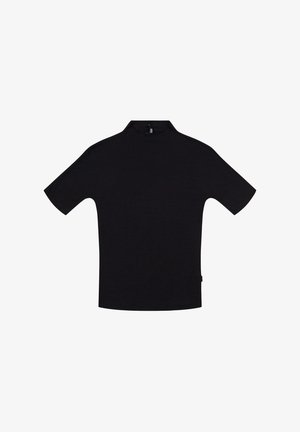 T-shirt nera a maniche corte con collo alto e zip sul retro. Realizzata in un tessuto liscio con un design minimalista e senza motivi visibili.