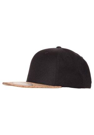 Black cap with a cork brim, featuring a flat design and a smooth texture, designed for casual wear.