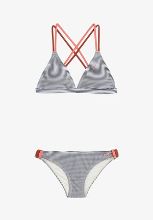 Gestreepte bikini-top met gekruiste koraalkleurige banden en bijpassende broek; heeft marineblauwe en witte strepen, met een gladde textuur en elastische banden.