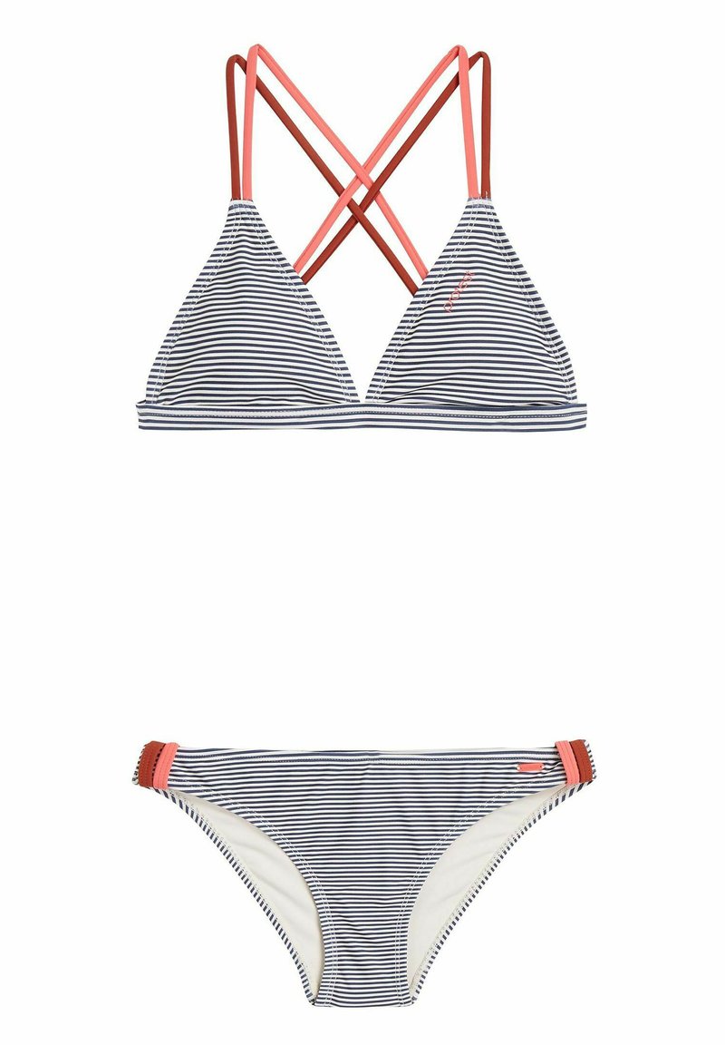 Gestreepte bikini-top met gekruiste koraalkleurige banden en bijpassende broek; heeft marineblauwe en witte strepen, met een gladde textuur en elastische banden.
