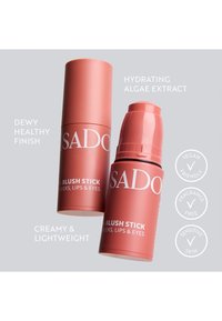 Blushstick i en matt korallfarget beholder med hvit tekst. Kremet tekstur, duggfrisk finish, egnet for kinn, lepper og øyne. Vegansk og uten duft.