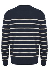 Marineblå genser med horisontale kremfargede striper, rund hals, lange ermer, ribbet mansjetter og kant, laget av et mykt strikket stoff.