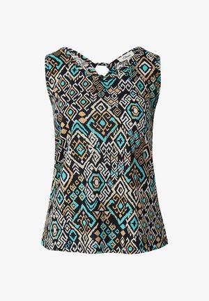 Hihaton paita, jossa on musta, teal, beige ja valkoinen geometrinen kuvio; takana kaula-aukossa on avainreikäyksityiskohta. Pehmeä kangas.