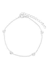 Silver chain bracelet featuring five textured heart-shaped accents and a lobster clasp, adjustable link chain for size flexibility.