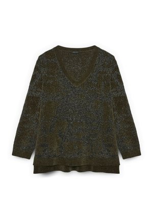 Suéter de punto texturizado en verde oscuro y negro, con mangas largas, escote en V y puños y dobladillo acanalados.