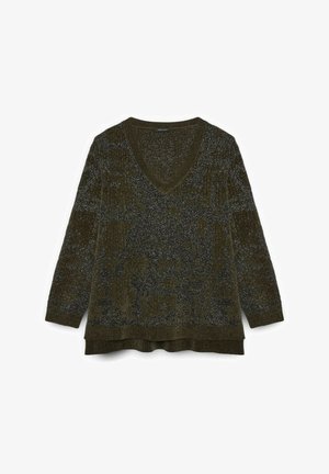 Pulover tricotat texturat, de culoare verde închis și negru, cu mâneci lungi, guler în V și manșete și tiv pe rib.