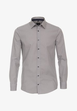 Langarmshirt met een geometrisch patroon in marineblauw en wit, met een button-down kraag en knopen aan de voorkant, gemaakt van lichtgewicht stof.