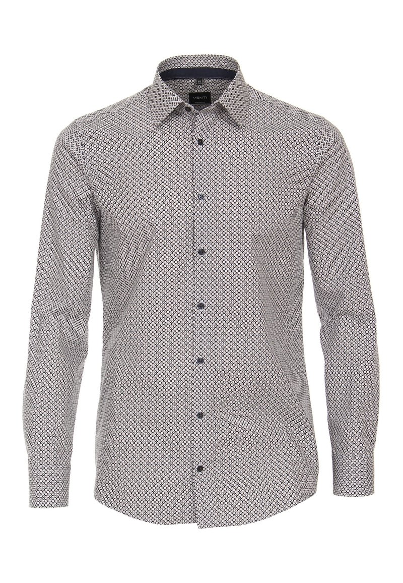 Langarmshirt met een geometrisch patroon in marineblauw en wit, met een button-down kraag en knopen aan de voorkant, gemaakt van lichtgewicht stof.