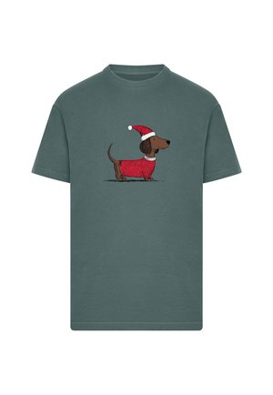 Gray short-sleeve t-shirt featuring a cartoon dachshund in a red sweater and Santa hat, with a simple black outline and minimal texture.