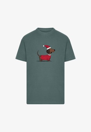 Gray short-sleeve t-shirt featuring a cartoon dachshund in a red sweater and Santa hat, with a simple black outline and minimal texture.