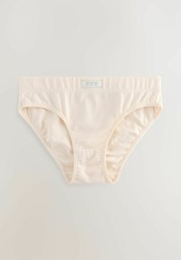 Lichtbeige bikini slip gemaakt van gladde stof, met een zachte elastische tailleband en een klein hartlabel. Klassieke snit met gathered zijkanten.