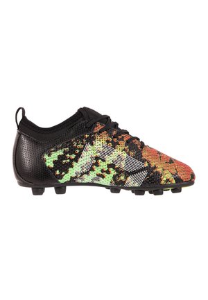 Crampon noir avec des motifs abstraits orange, verts et blancs, tige texturée, lacets et crampons moulés sur la semelle.