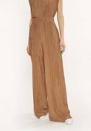 Brown pleated wide-leg trousers, featuring a high waist and textured fabric. The design includes a matching belt and subtle shiny accents.