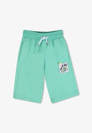 Shorts vert menthe en tissu doux, dotés d'une ceinture élastique avec un cordon blanc et d'une poche latérale avec le motif "LET'S GO !".